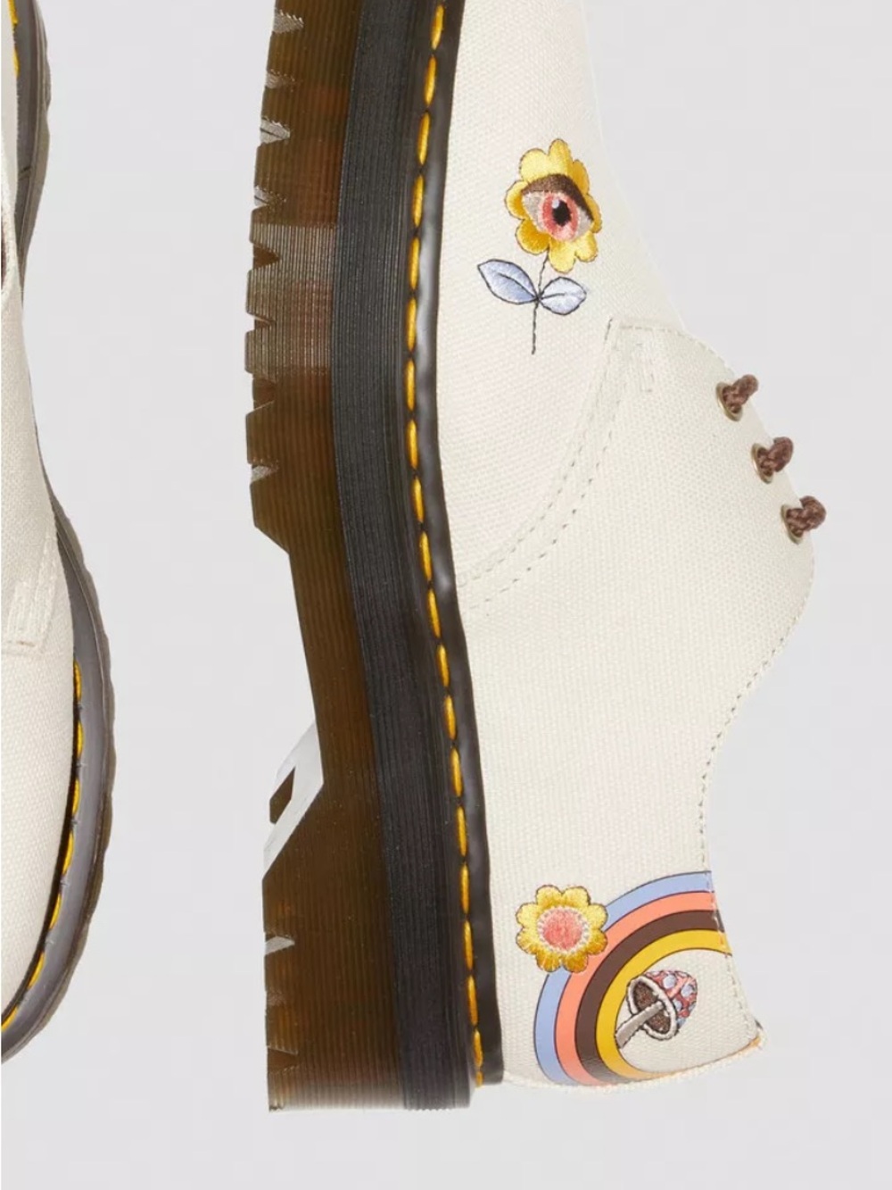Dr. Martens Vegan Retro Canvas Platform Shoes in White with Floral Accent - Picture 2 of 4